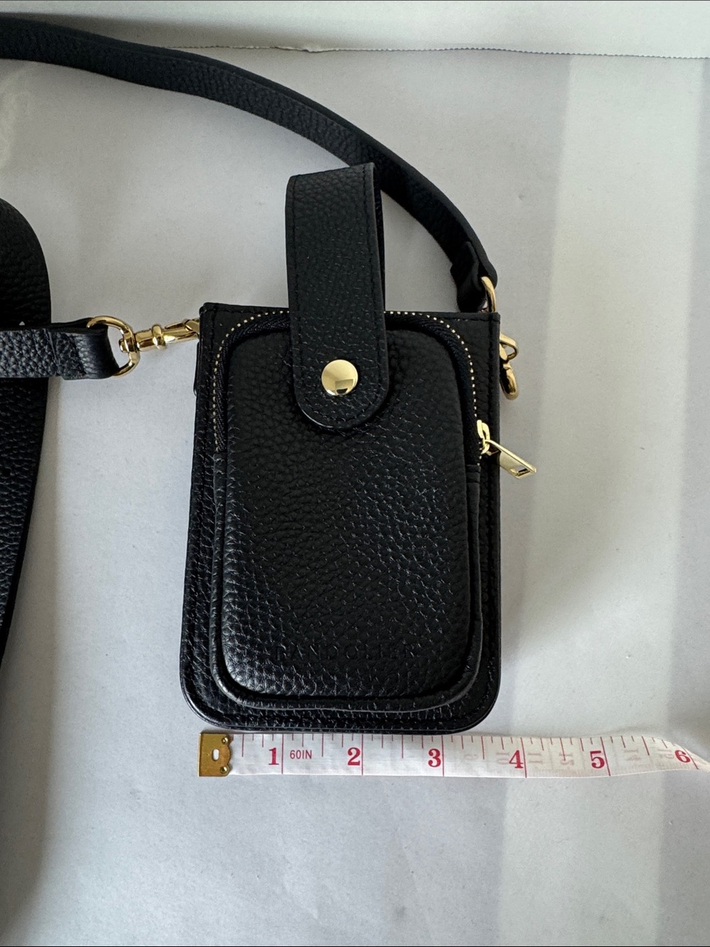 Bandolier Black Leather Crossbody Phone Pouch with Gold Hardware - Picture 3 of 5